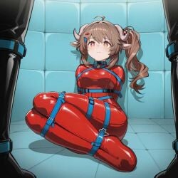 1girl2boys 1girls ai_generated ardelia_(arknights:_endfield) arknights arknights:_endfield benmccannon_(artist) brown_hair fused_legs latex_skinsuit male_out_of_frame padded_room padded_walls red_bodysuit red_eyes sheep_horns side_ponytail sleepsack stable_diffusion straps