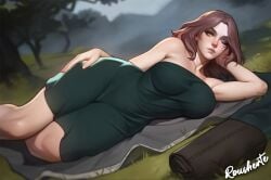 1girl ai_generated big_breasts camping curvaceous elden_ring medium_hair melina_(elden_ring) nature one_eye_closed outdoors rousherte self_upload solo solo_female solo_focus tagme tattoo_under_eye variant_set