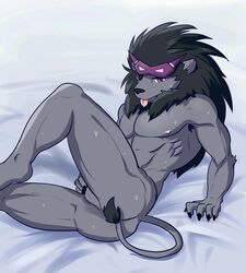 1boy abs anthro ass chung0_0 colored feline lion male male_only mammal muscular nude pecs simple_background solo tongue tongue_out