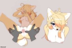 2025 blue_eyes canid canine covering_face embarrassed furry hair_covering_eye low_res lowres multicolored_body multicolored_fur nipples nude pussy rsswoof spread_legs spread_pussy vagina white_body white_fur wolf wolf_girl yellow_body yellow_fur yellow_hair