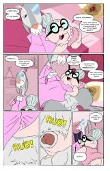 absurd_res animal_genitalia anthro balls becoming_erect bed bedroom bedroom_sex belly_rub bob-jiggles bottomless buckteeth cartoon_network clothed clothing comic detailed_background dialogue dress duo eager elder elderly elderly_anthro elderly_female elderly_male english_text eyewear female flaccid foster's_home_for_imaginary_friends furniture genitals glasses hi_res human imaginary_friend jerking lagomorph leporid madame_foster male male/female mammal masturbation monocle mr._herriman onomatopoeia partially_clothed penis penis_grab rabbit reaching robe rubbing sex_on_bed sheath size_difference snarky sound_effects speech_bubble teeth text wearing_glasses