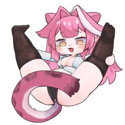 1girl 1girls :3 arrivedcold big_breasts black_panties breasts chibi chibi_style female hololive hololive_english hololive_english_-justice- no_bra no_pants open_legs open_mouth panther_ears panther_girl panther_tail panties pink_hair raora_panthera shirt simple_background solo solo_female solo_focus tears thighhighs thighs virtual_youtuber yellow_eyes
