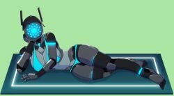 bikini camera_woman camera_woman_(skibidi_toilet) camerawoman camerawoman_(skibidi_toilet) cosplay flightriskbiter glowing_markings green_background laying_down laying_on_side robot robot_girl robot_humanoid robot_joints robotic_arm rule_34-tan skibidi_toilet