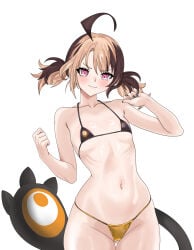 1girl absurdres ahoge ass_visible_through_thighs bikini black_nails blush breasts brown_hair gigi_murin highres hololive hololive_english ivan_ramirez looking_at_viewer micro_bikini nail_polish navel pink_eyes ribs simple_background small_breasts smile solo swimsuit tail thigh_gap virtual_youtuber white_background