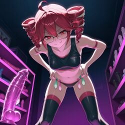 1girls ai_generated asukasslave condom crop_top cuckold cuckold_pov dildo femdom glasses kasane_teto neon netorare netorase smirk stockings used_condom