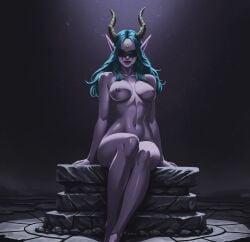 1girl 1girls blindfold demon demon_girl demon_horns demon_hunter demon_hunter_(warcraft) demon_wings elegant elf elf_ears elf_female elf_girl fantasy night_elf nude nude_female purple_body purple_skin sitting solo solo_female solo_focus teal_hair warcraft wings world_of_warcraft