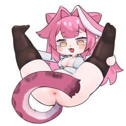 1girl 1girls :3 anus arrivedcold big_breasts breasts chibi chibi_style convenient_censoring convenient_censorship covering_crotch covering_pussy female hololive hololive_english hololive_english_-justice- no_bra no_panties no_pants open_legs open_mouth panther_ears panther_girl panther_tail pink_hair raora_panthera shirt simple_background solo solo_female solo_focus tears thighhighs thighs virtual_youtuber yellow_eyes