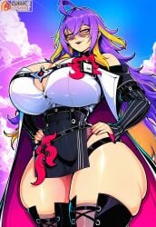 1girl 2026 ahoge ai_generated bare_shoulders blonde_hair breasts cleavage cloud curvy fadia_(neverness_to_everness) female female_only glasses hair_between_eyes hands_on_own_hips huge_breasts long_hair lumarabbit makeup multicolored_hair nail_polish neverness_to_everness patreon_logo patreon_username purple_hair semi-rimless_eyewear skindentation sky smile solo streaked_hair thick_thighs thigh_boots thighhighs thighs very_long_hair