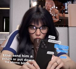 3d 3d_(artwork) bangs blowjob cheating cheating_wife dark-skinned_male dark_hair glasses hdr_ntrgirl hdregrets interracial netorare ntr oral oral_sex sucking sucking_penis text text_bubble texting texting_during_sex wedding_ring wife