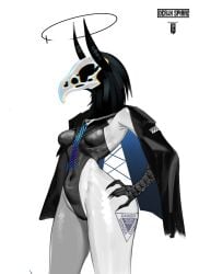 2026 anthro bird bird_girl black_leotard blue_cape cape creepy demon_girl female hi_res hot leotard mgecko117 oc solo tie white_body