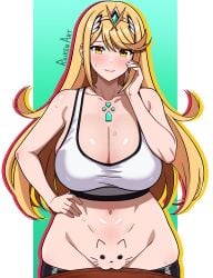 1girl absurdres artist_name blonde_hair body_writing breasts circlet cleavage cleft_of_venus closed_mouth collarbone core_crystal_(xenoblade) do_you_want_to_pet_my_cat_(meme) english_commentary highres large_breasts long_hair looking_at_viewer meme mythra_(xenoblade) pussy raiken_art smile solo sports_bra white_sports_bra xenoblade_chronicles_(series) xenoblade_chronicles_2 yellow_eyes