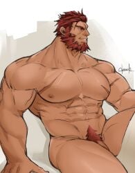 balls bara beard facial_hair fate/grand_order fate_(series) flaccid iskandar_(fate) male male_only muscles muscular nongnakk nude penis red_hair scar scars solo solo_male