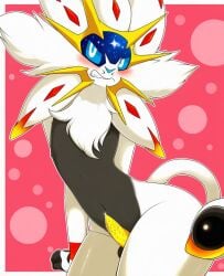 ai_generated animal_genitalia animal_penis anthro balls blush bodily_fluids embarrassed felid feline_genitalia feline_penis femboy fur generation_7_pokemon genital_fluids genitals gold_penis growling leaking_precum legendary_pokemon lion looking_away lying male mammal mane nintendo pantherine penile_spines penis pinup pokemon pokemon_(species) pose precum slopmaster22 solgaleo solo spread_legs spreading standing star white_body white_fur