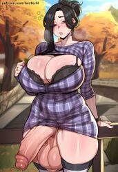 1futa aesterai ai_generated big_breasts big_penis black_bra black_hair blush bra breasts cleavage day dress erection futanari half-erect huge_breasts huge_cock huge_penis jewelry large_breasts large_penis long_hair looking_at_viewer mature_female mature_futa original_character outdoors penis precum ring single_hair_bun skindentation solo standing striped_clothes striped_thighhighs testicles thick_thighs thighhighs thighs tree uncensored underwear veins veiny_penis
