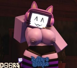 1girls 2020s 2026 3d big_breasts breasts breasts_out doors_(roblox) female female_only headphones roblox roblox_game stevie_(doors) tv_head tv_screen watermark zaduworkz