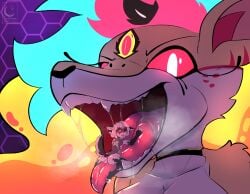 3_eyes absurd_res alexander_moonflower anthro archon_(alexander_moonflower) backsack balls big_tongue blush bodily_fluids breath canid canid_demon canine demon dominant dominant_female extreme_size_difference eyelashes fangs female femboy fox genitals glowing glowing_eyes glowing_hair hair hellaverse hellhound helluva_boss hi_res imminent_vore lamp lava_lamp macro male male/female mammal mawplay micro micro_on_macro multi_eye mythological_canine mythological_creature mythology open_mouth paws queen_bee-lzebub_(helluva_boss) red_sclera saliva size_difference smaller_male steamy_breath tattoo teeth tongue vore