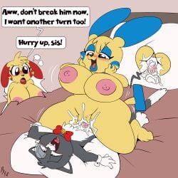 anthro areola big_breasts biped blush bodily_fluids breasts cowgirl_position cum cum_in_vagina cum_inside domestic_cat eyelashes eyewear felid feline felis female female_penetrated from_front_position fuf generation_3_pokemon genital_fluids genitals group hi_res looking_pleasured male male/female male_penetrating mammal minun monocle nintendo nipples nude on_bottom on_top penetration penile penile_penetration plusle pokemon pokemon_(species) pupils sex sibling_(lore) sister_(lore) sisters_(lore) smile thick_thighs trio vaginal vaginal_penetration vulva yellow_body
