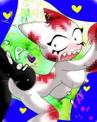 anal_sex black_body blood_on_face blood_stain breasts cat_ears censored censored_blood epilepsy_warning femtanyl high_contrast japanese_text ketsumoa_(style) lottery_(femtanyl) motion_lines motion_outline nec-12 token_(femtanyl) white_body