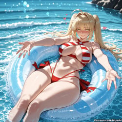 1girl ahoge ai_assisted ai_generated bangs bikini blonde_hair blush breasts cleavage collarbone criss-cross_halter curvaceous curvy curvy_female curvy_figure earrings eyebrows_visible_through_hair fate/grand_order fate_(series) female green_eyes hair_between_eyes hair_intakes halterneck heart innertube jewelry large_breasts long_hair looking_at_viewer miyuai navel nero_claudius_(fate) nero_claudius_(fate)_(all) nero_claudius_(swimsuit_caster) nero_claudius_(swimsuit_caster)_(fate) red_bikini side-tie_bikini smile solo striped striped_bikini swimsuit thick thick_ass thick_butt thick_hips thick_legs thick_thighs thighs twintails voluptuous voluptuous_female water wet wide_hips wide_thighs