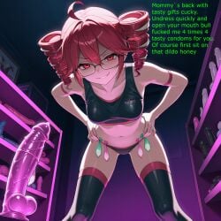 1girls ai_generated asukasslave condom crop_top cuckold cuckold_pov dildo femdom femdom_caption glasses kasane_teto neon netorare netorase smirk stockings text used_condom