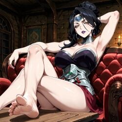 1boy 1girl 1girls ai_generated armpits barefoot big_breasts breasts cleavage feet feet_focus female female_only foot_fetish hades_(game) hades_2 haremoverlord mommy muscle_mommy muscular nemesis_(hades) soles teasing thick_thighs thighs