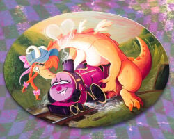 acrylic_painting_(artwork) anthro blue_clothing blue_hat blue_headwear blush bodily_fluids bow_(disambiguation) breasts breasts_on_back claws clothing dragon drooling duo ejaculation eyelashes female gynomorph hair hat headgear headwear heart_symbol hi_res horn intersex intersex/female interspecies living_machine living_train living_vehicle looking_pleasured machine mythological_creature mythological_scalie mythology objectum orange_body outside painting_(artwork) pink_body railway_track saliva scales scalie sex steam steaming steaming_body tail tail_motion tailwag traditional_media_(artwork) traditional_painting_(artwork) train unusualdolls vehicle wings