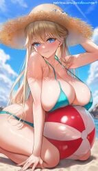 1girl ai ai-assisted ai-created ai_art ai_generated ball bare_shoulders beach beachball bikini blonde_hair blue_bikini blue_eyes blue_sky blush breasts classroom_of_the_elite cleavage closed_mouth cloud collarbone day hat huge_breasts kneeling large_breasts long_hair looking_at_viewer nanase_tsubasa outdoors sitting sky smile solo straw_hat string_bikini sun_hat swimsuit thighs voidbunny youkoso_jitsuryoku_shijou_shugi_no_kyoushitsu_e