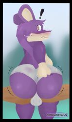absurd_res anthro balls big_butt big_ears branch butt clothing generation_1_pokemon genitals hi_res male mentafrita nintendo pokemon pokemon_(species) purple_body rattata saggy_balls shy simple_background solo tail underwear