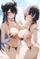 2girls anska areolae big_breasts bikini bikini_bottom black_hair blue_hair breasts breasts_out colored_inner_hair demon_girl demon_horns female female_only gold_bikini hololive hololive_english hololive_english_-advent- large_breasts light-skinned_female light_skin long_hair nerissa_ravencroft nipples shiori_novella split-color_hair two-tone_hair virtual_youtuber vtuber white_hair