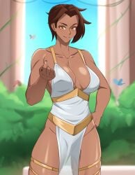 brown_hair come_hither dark-skinned_female goddess greek_clothing hocen la large_breasts muscular_female oc robe yellow_eyes