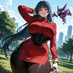 1girl adjusting_hair ai_assisted ai_generated bangs black_hair blue_sky blunt_bangs breasts cloud covered_navel curvaceous curvy curvy_female curvy_figure day female gen_1_pokemon gloves gym_leader holding holding_poke_ball large_breasts long_hair looking_at_viewer miyuai outdoors pantyhose poke_ball poke_ball_(basic) pokemon pokemon_(creature) red_eyes sabrina_(pokemon) skirt sky smile standing thick thick_ass thick_butt thick_hips thick_legs thick_thighs tree voluptuous voluptuous_female wide_hips wide_thighs
