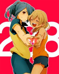 2boys blonde_hair blue_hair blush closed_eyes couple heart heart_hands holding_hands inazuma_eleven inazuma_eleven_(series) kazemaru_ichirouta looking_at_viewer miyasaka_ryou multiple_boys pink_background ponytail shorts simple_background smile sportswear sweatdrop tank_top tomo_(sjim) trap yaoi