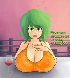 1girls 20xxtrilogy artist_collaboration banillansfw barefoot cleavage collaboration collarbone english_text glass green_eyes green_hair gumi heart huge_breasts looking_at_viewer open_mouth orange_shirt outdoors shirt short_hair solo table vocaloid wine wine_glass