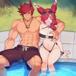 1boy 1girl1boy 1girls abs ai_generated animal_ears arm_around_neck bikini black_nails brinkai bubble_gum cheating cheating_wife chewing_gum cuckold gold_eyes grabbing_another's_breast groping hand_on_another's_hip large_breasts league_of_legends muscular netorare ntr red_hair self_upload sett sitting straight sunglasses sunglasses_on_head swimsuit swimwear water xayah