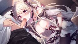 1boy 1boy1girl 1girl affogato_(sugar_conflict) animated blonde_hair blowjob bouncing_breasts breasts breasts_out clothed dress frilled_dress frilled_gloves game_cg gif gloves kneeling large_breasts long_hair nipples on_floor open_clothes open_dress penis red_eyes skirt sugar_conflict_x tied_hair twintails uncensored