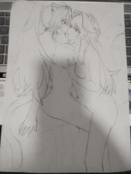 1girls 2girls animal_ears big_breasts black_and_white blue_hair catgirl female female_focus female_only hispanic_virtual_youtuber hispanic_youtuber indie_virtual_youtuber latam_virtual_youtuber lesbian light-skinned_female light_skin long_hair mole naked naked_female no_visible_genitalia nude nude_female panther_girl pencil_(artwork) pencil_sketch pink_eyes pink_hair shura_hiwa two_tone_hair virtual_youtuber yuri