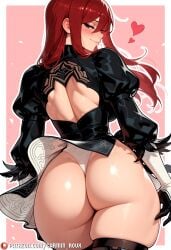 1girl 2b_(nier:automata) 2b_(nier:automata)_(cosplay) ai_generated ass ass_focus back back_cutout bbc black_dress black_eyes black_gloves black_thighhighs blush border breasts carminroux closed_mouth clothing_cutout cosplay cowboy_shot dress erza_scarlet fairy_tail feather-trimmed_sleeves feather_trim from_behind gloves hair_between_eyes heart highleg highleg_leotard huge_ass juliet_sleeves large_breasts leotard long_hair long_sleeves looking_at_viewer looking_back mole no_blindfold panties patreon_logo patreon_username pink_background puffy_sleeves red-haired_female red_hair simple_background skindentation smile solo thick_thighs thighhighs thighs thong thong_leotard underwear web_address white_border white_leotard white_outline white_panties wind