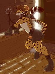 0hyou 1boy 2016 anthro black_fur bondage brown_hair cheetah clothing feline fur gag gagged hair hay hoof_boots hoof_mitts humanoid_penis inside male male_only mammal multicolored_fur penis petplay ponyplay roleplay shorts solo spots white_fur yellow_eyes yellow_fur