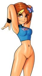 1girls 2d 2d_(artwork) 2d_artwork bottomless breasts butterfly_(planetronika) butterfly_hair_ornament cleavage cleavage_cutout collaboration color color_edit colored drawfag edit edited edited_art edited_by_uploader edited_image eyebrows_visible_through_hair eyes_visible_through_hair female female_focus female_only genitals hair_ornament hairclip halterneck light-skinned_female naked_from_the_waist_down navel no_panties no_pants no_underwear orange_eyes orange_hair planetronika pussy shaved_pussy short_hair solo solo_female solo_focus sweat sweatdrop sweating sweaty sweaty_body thighs three-quarter_portrait vulva wide_hips woman woman_only wrist_cuffs wristband yellow_hair
