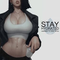 1girls abs artist_name black_hair breasts crop_top cup earrings english_text eyes_out_of_frame hel_(ickpot) ickpot jewelry large_breasts mature_female midriff narrow_waist navel pinup_(style) public_service_announcement short_hair simple_background solo_female stay_hydrated sweaty toned_female water white_background white_tank_top
