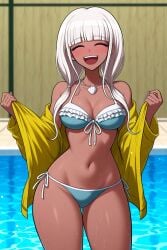 1girls ai_generated bangs bikini danganronpa danganronpa_v3 dark-skinned_female dark_skin eyes_closed large_breasts midriff navel pool seaart.ai side-tie_bikini smile solo stripping twintails undressing white_hair wide_hips yonaga_angie