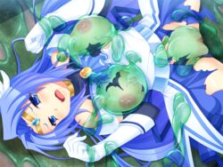 acrylic_blue blue_eyes blue_hair blue_legwear blue_skirt blue_thighhighs blush breasts censored drooling female female game_cg gloves hair_ornament heat_soft huge_breasts long_hair mahou_shoujo_ga_zenra_de_dogeza! nipples pussy saliva slime solo spread_legs torn_clothes torn_skirt white_gloves