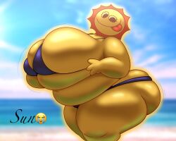 anthro ass bbw belly big_ass big_breasts bikini breasts clothing elemental_creature huge_breasts humor legoskellydude meme overweight overweight_female sun_(the_amazing_digital_circus) tagme the_amazing_digital_circus thick_thighs thighs