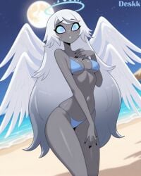 1girls ai_generated angel angel_girl angel_wings artist_name athletic beach bikini black_nails dark-skinned_female dark_skin deskk emily_(hazbin_hotel) eyeshadow feathered_wings halo hazbin_hotel hi_res legs long_hair medium_breasts mini_bikini moon night night_sky pretty simple_background solo solo_female solo_focus surprised tan teenager thong_bikini vivienne_medrano white_hair white_wings wings