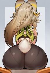 1girl ai_generated animal_ears ass ass_focus ass_press bare_shoulders black_shorts braid brown_hair fox_ears fox_girl fox_tail from_behind genshin_impact huge_ass kachina_(genshin_impact) long_hair shiny shiny_clothes shiny_hair shiny_skin short_shorts shorts sitting solo tail viitriol