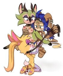 1boy 2girls anal_beads antlers archie_comics areolae ass_tattoo blue_hair bunnie_rabbot bunny_ears cabbyyuki carrot carrot_tattoo clove_the_pronghorn commission digitigrade ffm_threesome forehead_jewel freckles goggles goggles_on_forehead goggles_on_head green_eyes green_fur hooves leash leash_pull licking_balls mechanical_arm pinklilim ponytail pronghorn prosthetic_arm pubic_hair pulling_leash purple_eyes rabbit_ears sega sonic_(series) sonic_oc sonic_the_hedgehog_(archie) sonic_the_hedgehog_(comics) sonic_the_hedgehog_(series) tramp_stamp yellow_fur yuki_(cabstercabby) yuki_the_half-breed