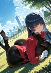 1girl ai_assisted ai_generated ass bangs black_hair blunt_bangs blush bodysuit breasts curvaceous curvy curvy_female curvy_figure day diagonal_angle feet female gloves grass gym_leader huge_breasts jpeg large_breasts legs_up long_hair looking_at_viewer lying miyuai on_stomach outdoors pokemon red_eyes sabrina_(pokemon) shiny skin_tight sky smile soles solo thick thick_ass thick_butt thick_hips thick_legs thick_thighs tree voluptuous voluptuous_female wide_hips wide_thighs