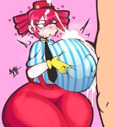 1boy 1girls :< black_necktie blush collared_shirt commission commission_art covered_nipples cum cum_on_face cum_on_hair cum_on_hat drills ejaculation ejaculation_between_breasts facial gloves hat hetero kasane_teto kasane_teto_(sv) looking_at_another mesmerizer_(vocaloid) mesmerizer_teto mv_character necktie nemuri18 one_eye_closed open_mouth paizuri penis pink_background red_eyes red_hair red_hat red_shorts shirt signature simple_background smiley_face steam straight striped_shirt suspender_shorts suspenders sweat synthesizer_v thick_lineart twin_drills utau white_pupils yellow_gloves