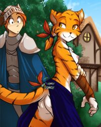 1boy 1girls armor bells breasts clothed clothing daniels_(twokinds) feline female fur human keidran male mammal orange_fur sideboob tail tiger tom_fischbach topless twokinds