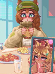 1girl ahoge animal_ear_fluff blonde_hair blush braid brown_hair burger commentary cum cum_in_mouth cup dark-skinned_female dark_skin double-parted_bangs drinking_glass ears_through_headwear english_commentary fellatio food french_fries glasses green_eyes green_hat hair_over_shoulder hat hdoomguy highres holding holding_burger holding_food holding_phone indie_virtual_youtuber indoors juxtaposition looking_at_viewer mint_castella mint_castella_(gyaru) mint_castella_(winter) official_alternate_costume open_mouth oral penis phone pixel_art plate pov scarf semi-rimless_eyewear single_braid sleeves_past_wrists solo_focus under-rim_eyewear v